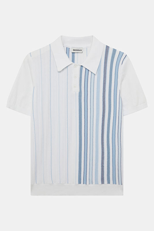 White Polo Collar Striped Pattern Men's T-Shirt