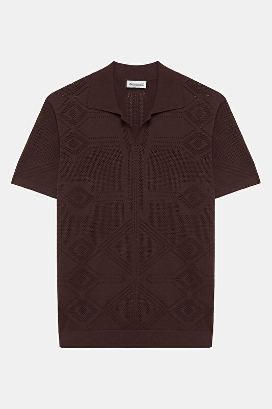 Brown Polo Collar Knitted Patterned Men's T-Shirt