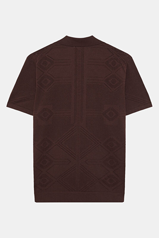 Brown Polo Collar Knitted Patterned Men's T-Shirt 2