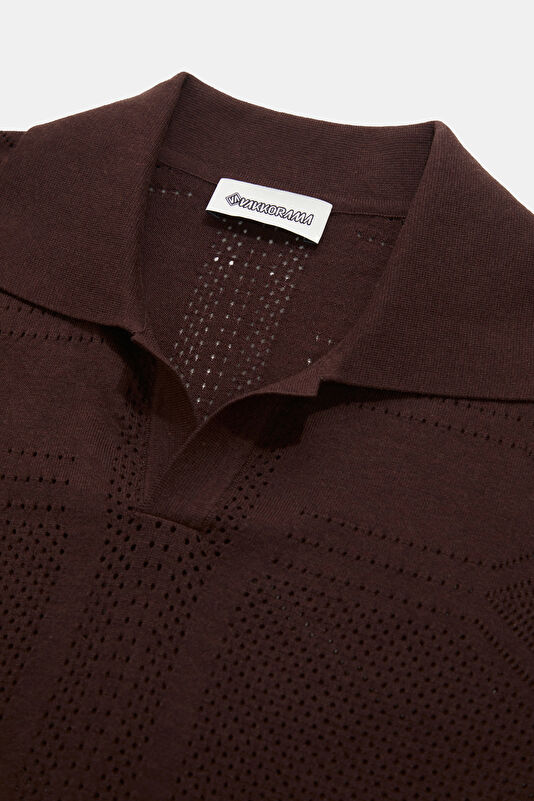 Brown Polo Collar Knitted Patterned Men's T-Shirt 3