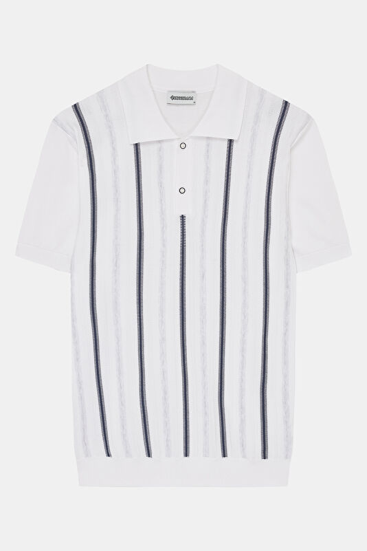 White Polo Collar Striped Pattern Men's T-Shirt