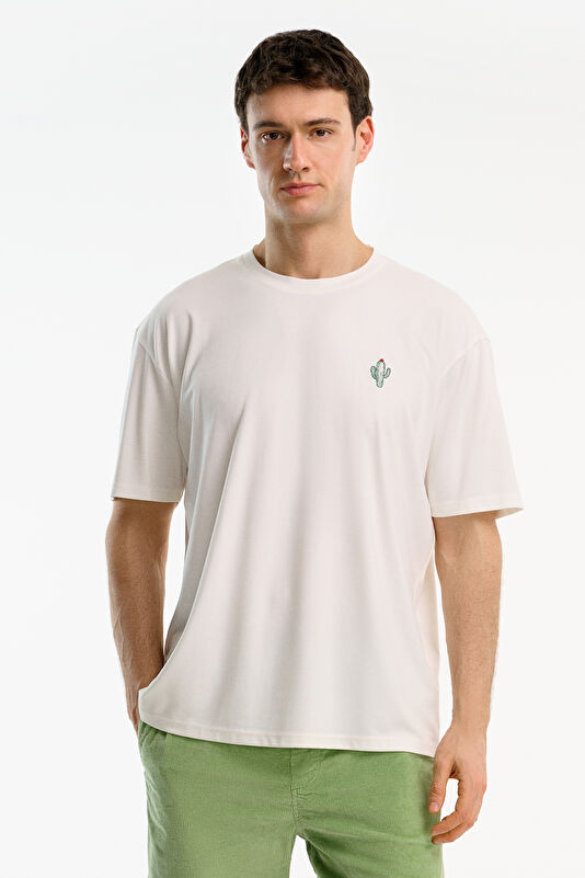 Ecru Crew Neck Embroidered Men's T-Shirt