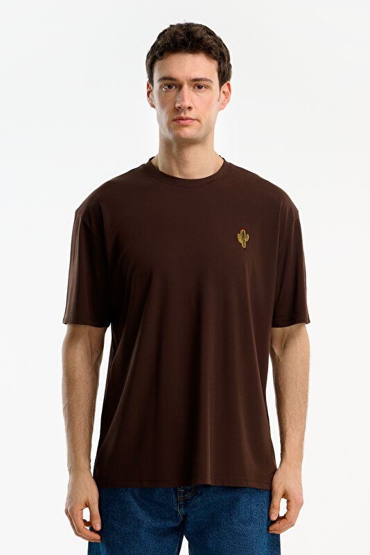 Brown Crew Neck Embroidered Men's T-Shirt