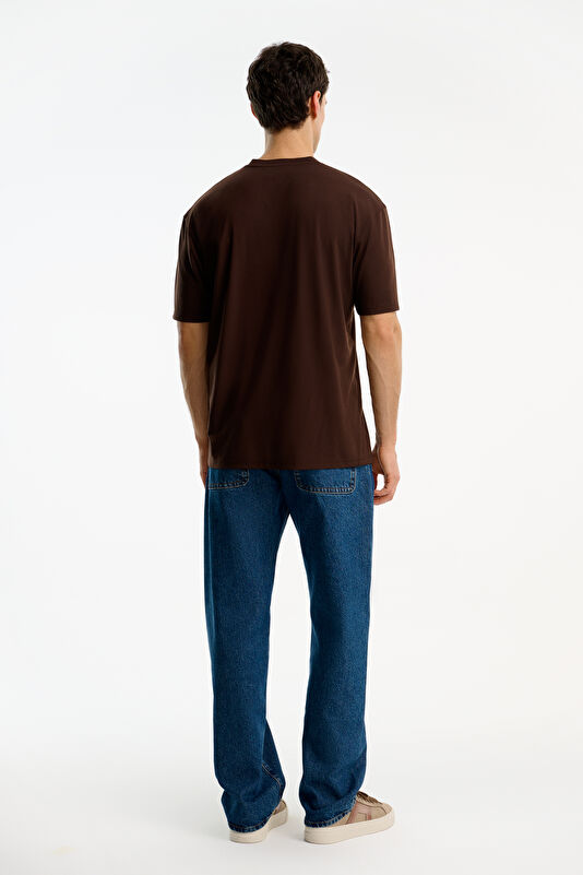 Brown Crew Neck Embroidered Men's T-Shirt 2