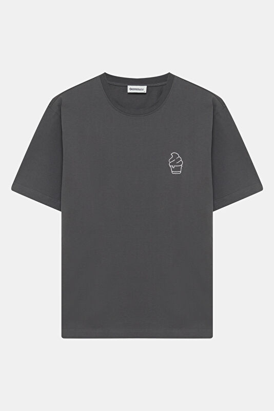 Dark Grey Crew Neck Embroidered Men's T-Shirt