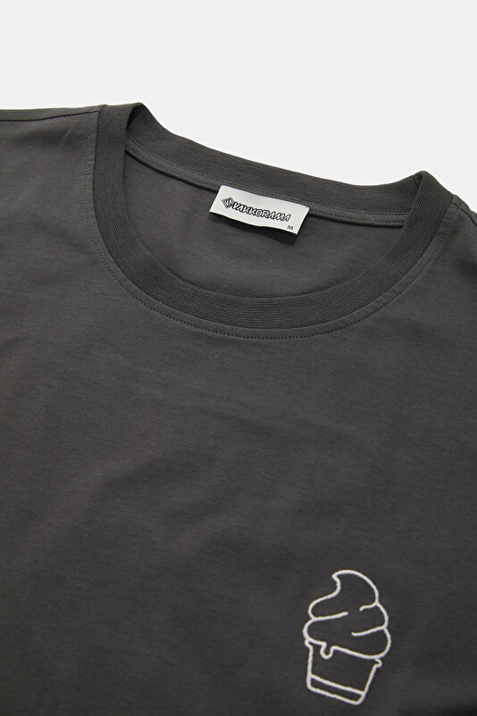 Dark Grey Crew Neck Embroidered Men's T-Shirt 3