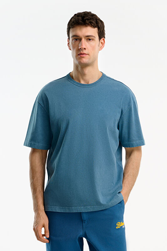 Blue Crew Neck Embroidered Men's T-Shirt