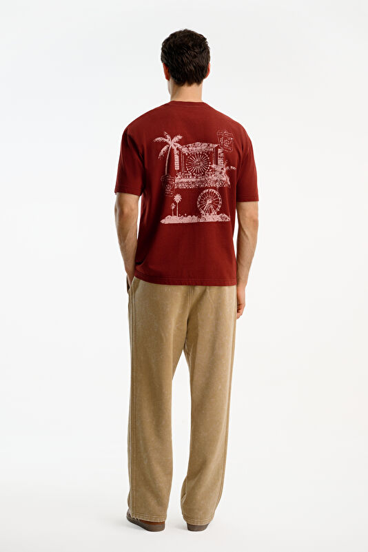 Burgundy Crew Neck Printed Men's T-Shirt 2