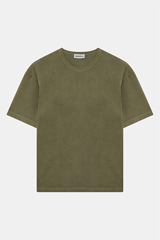 Haki Bisiklet Yaka Nakışlı Erkek T-Shirt 4