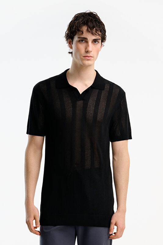 Black Striped Polo Collar Men's T-Shirt