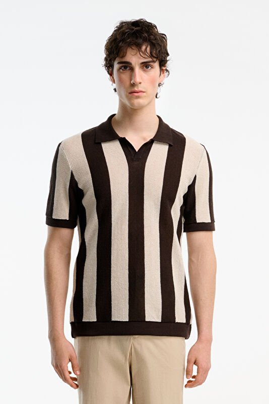 Brown Polo Collar Striped Pattern Men's T-Shirt