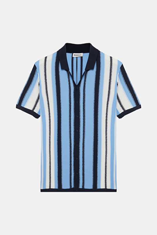 Blue Polo Collar Striped Pattern Men's T-Shirt