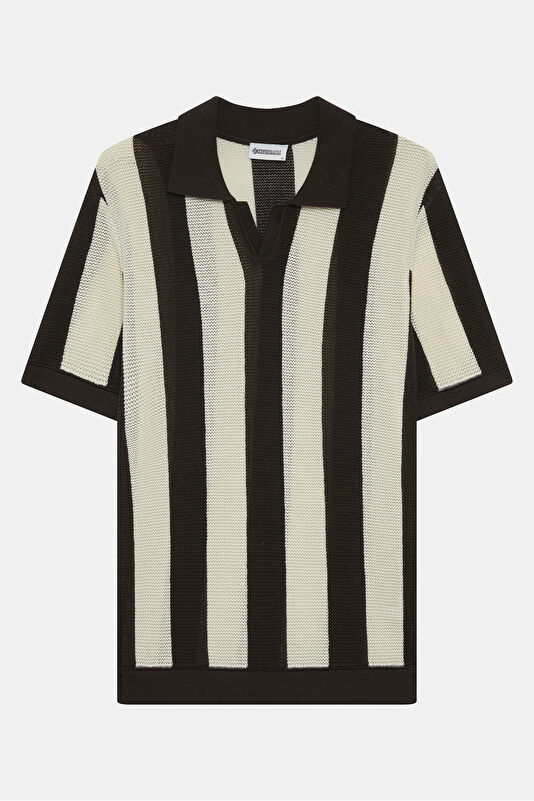 Brown Polo Collar Striped Pattern Men's T-Shirt 4