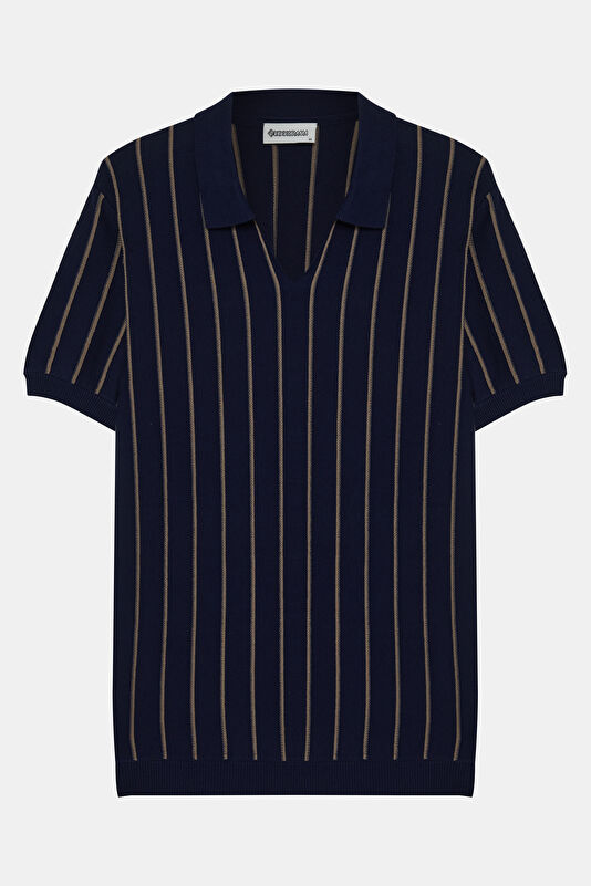 Navy Blue Polo Collar Striped Pattern Men's T-Shirt