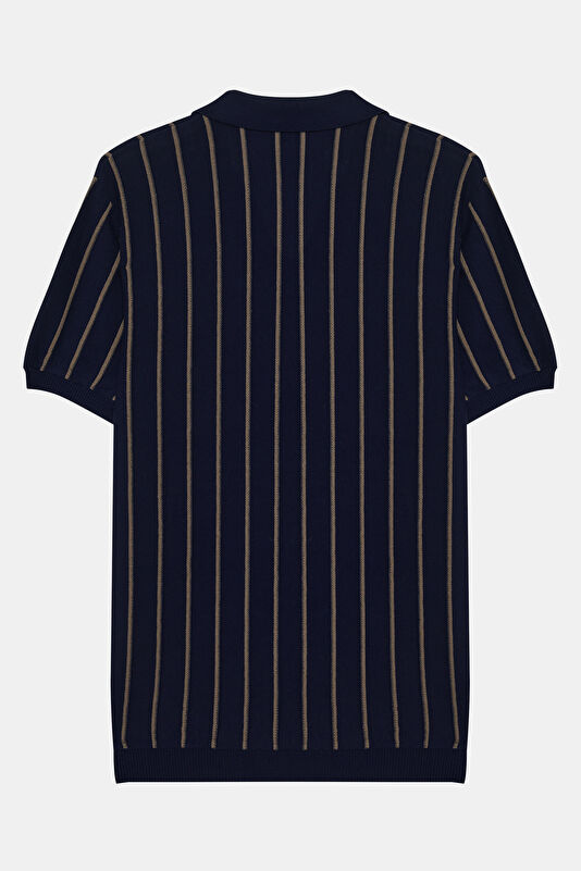 Navy Blue Polo Collar Striped Pattern Men's T-Shirt 2