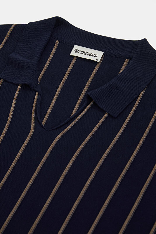 Navy Blue Polo Collar Striped Pattern Men's T-Shirt 3