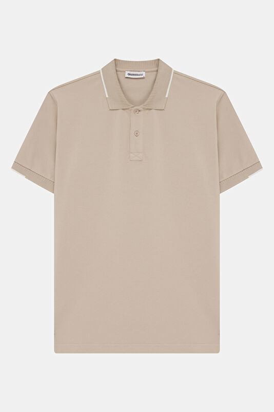 Beige Polo Neck Embroidered Men's T-Shirt