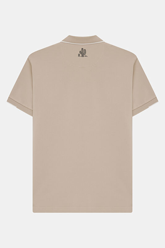 Beige Polo Neck Embroidered Men's T-Shirt 2