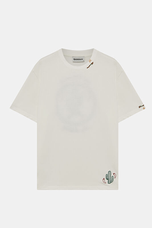 Ecru Crew Neck Embroidered Men's T-Shirt