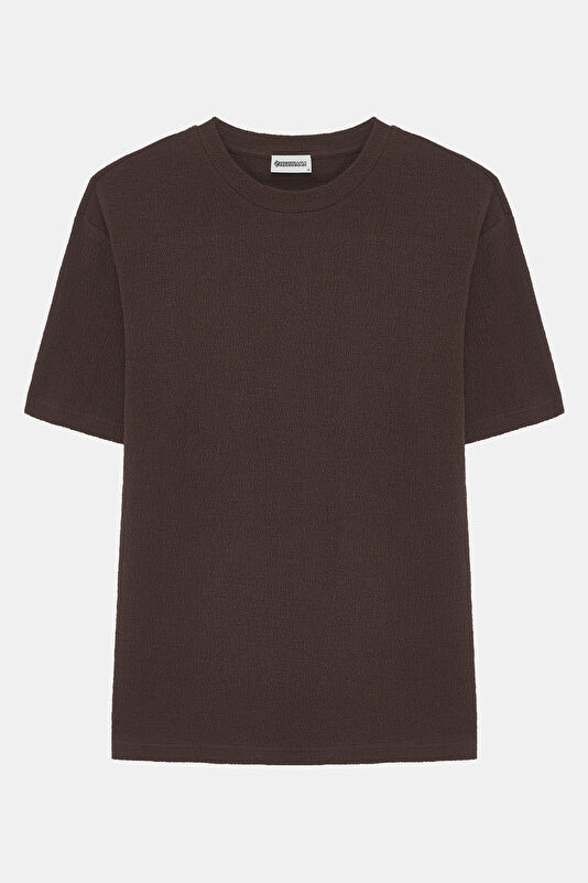 Brown Crew Neck Textured Men's T-Shirt