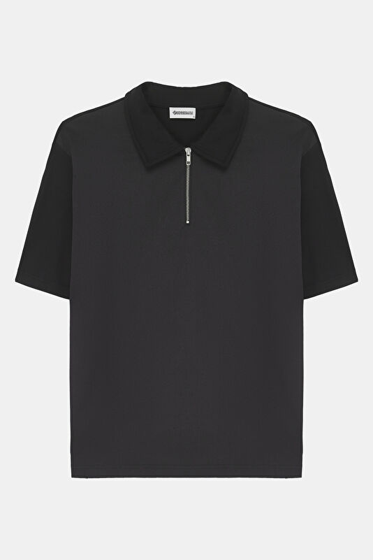 Black Polo Collar Men's T-Shirt with Trim Details