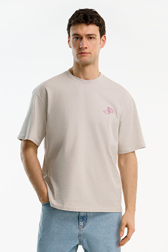Light Grey Crew Neck Embroidered Men's T-Shirt