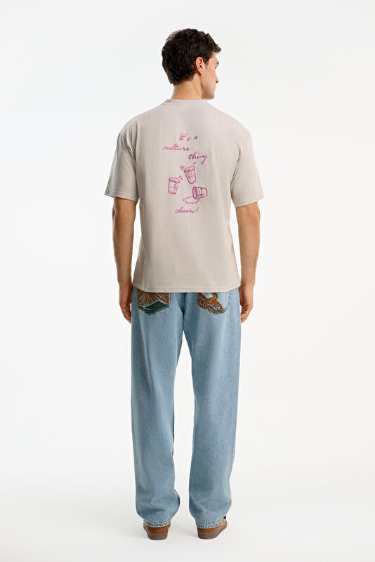 Light Grey Crew Neck Embroidered Men's T-Shirt 2