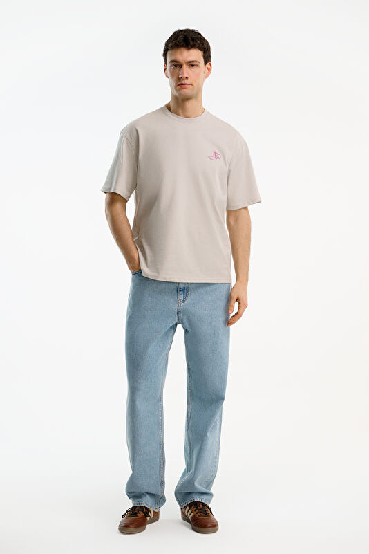 Light Grey Crew Neck Embroidered Men's T-Shirt 3