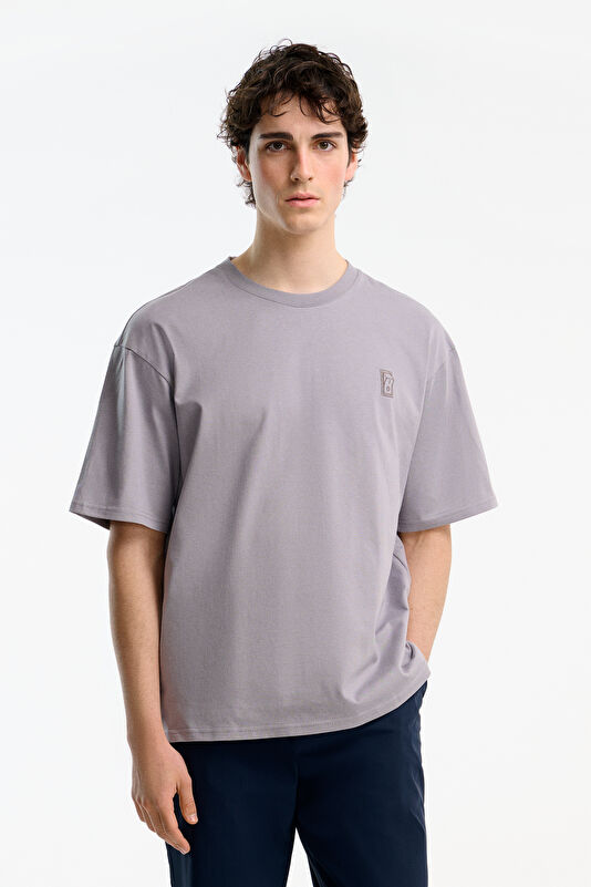 Gray Crew Neck Embroidered Men's T-Shirt