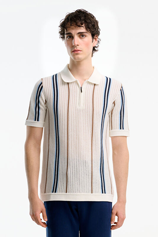 Ecru Polo Collar Striped Pattern Men's T-Shirt