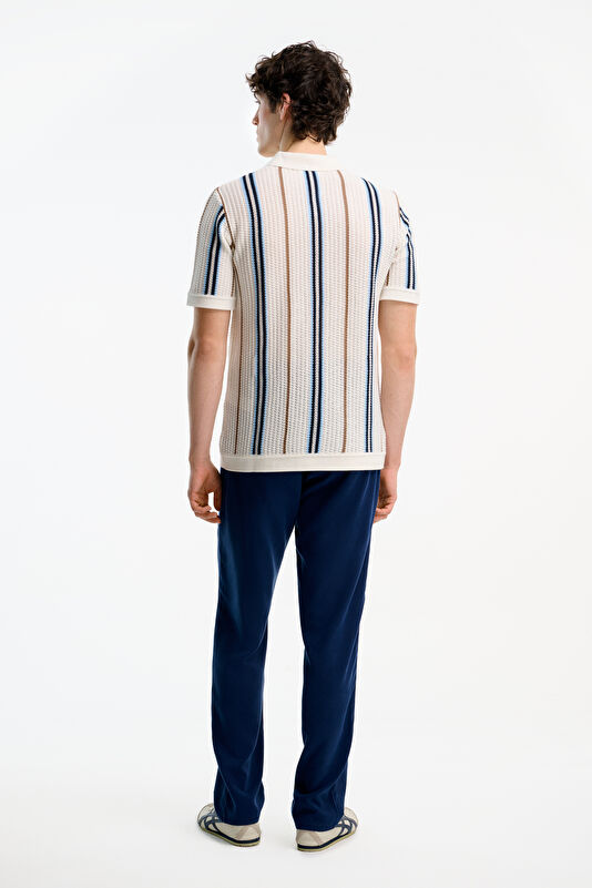 Ecru Polo Collar Striped Pattern Men's T-Shirt 2