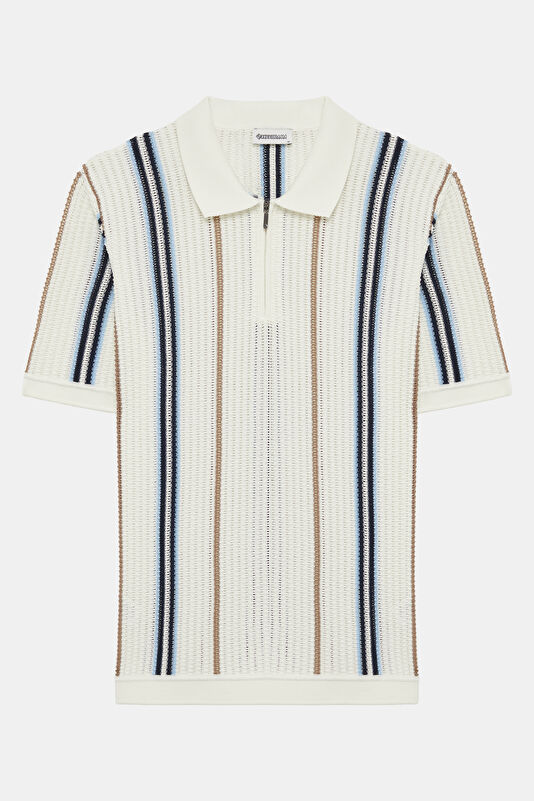 Ecru Polo Collar Striped Pattern Men's T-Shirt 4