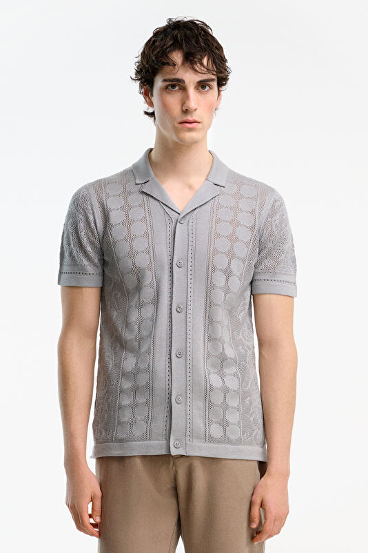 Gray Resort Collar Patterned Men's T-Shirt