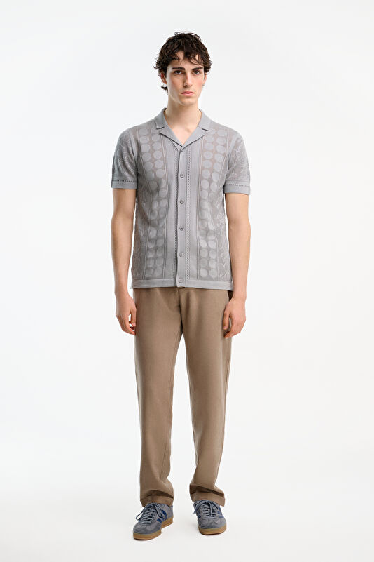 Gray Resort Collar Patterned Men's T-Shirt 3