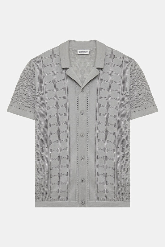 Gray Resort Collar Patterned Men's T-Shirt 4