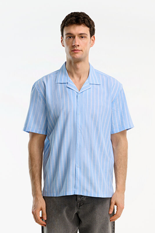 Blue Striped Resort Collar Men's Shirt