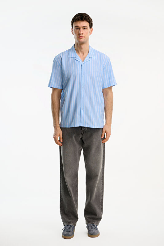 Blue Striped Resort Collar Men's Shirt 3