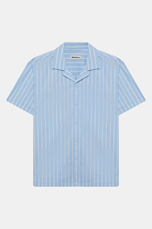 Blue Striped Resort Collar Men's Shirt 4
