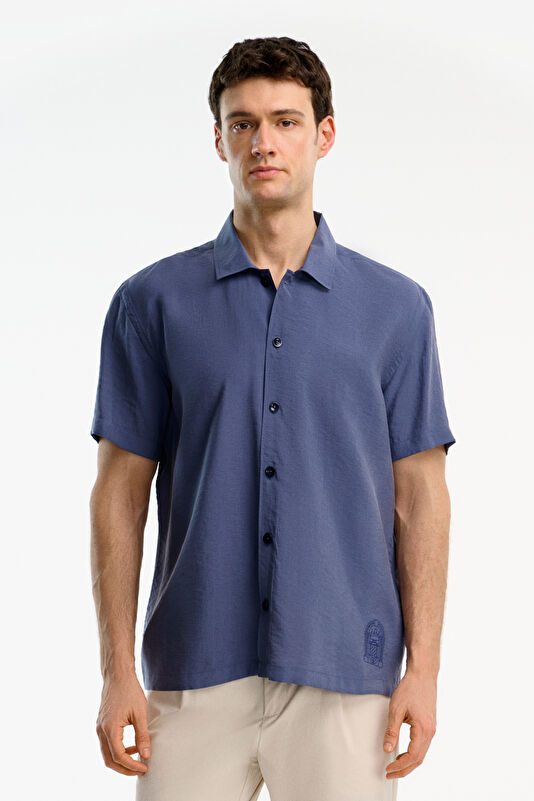 Navy Embroidered Regular Men's Shirt