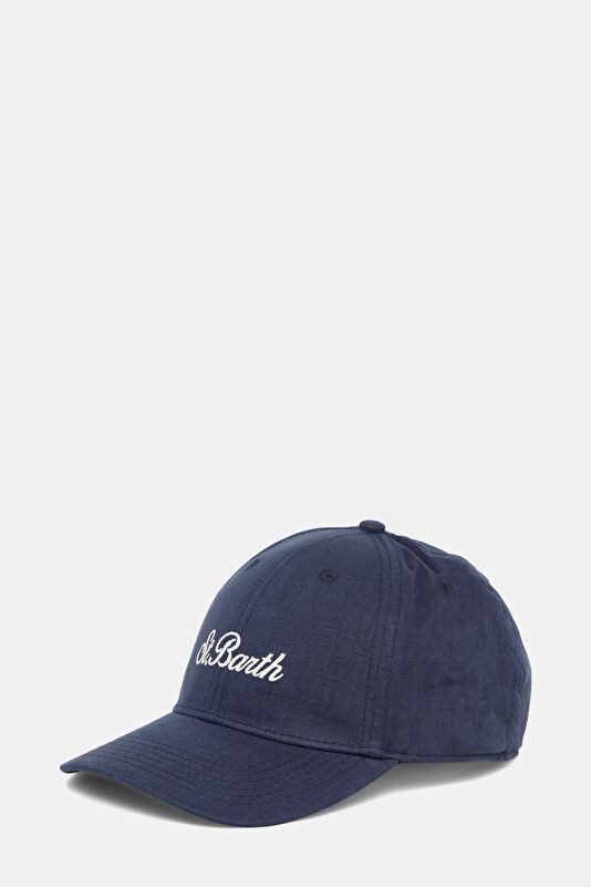 Navy Embroidered Linen Hat