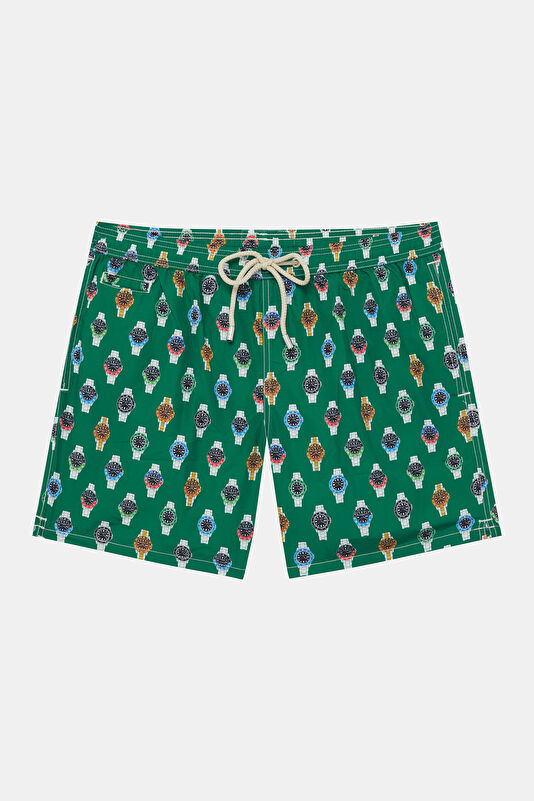 Lighting Micro Fantasy Clock Pattern Men's Green Swimsuit