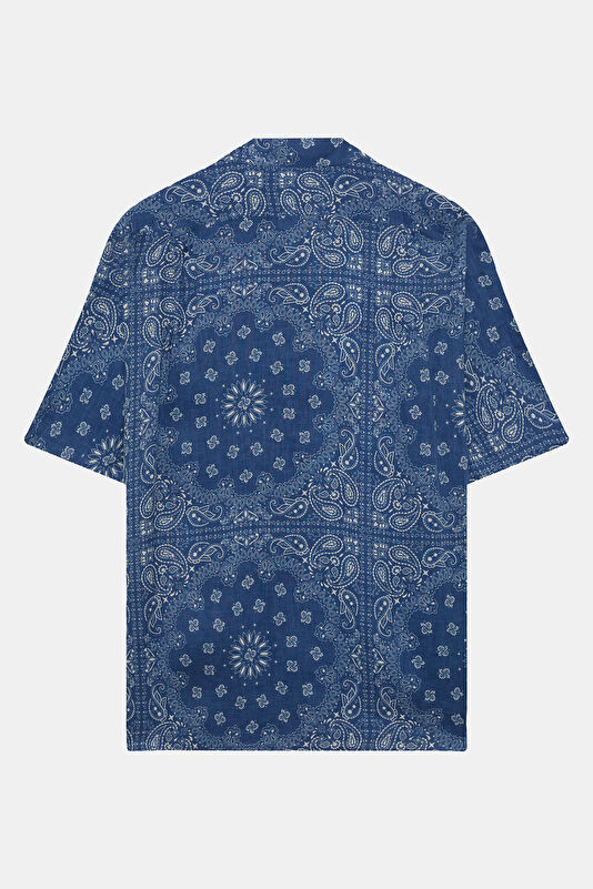 Sifnos Bandanna Desenli Erkek Lacivert Keten Gömlek 2