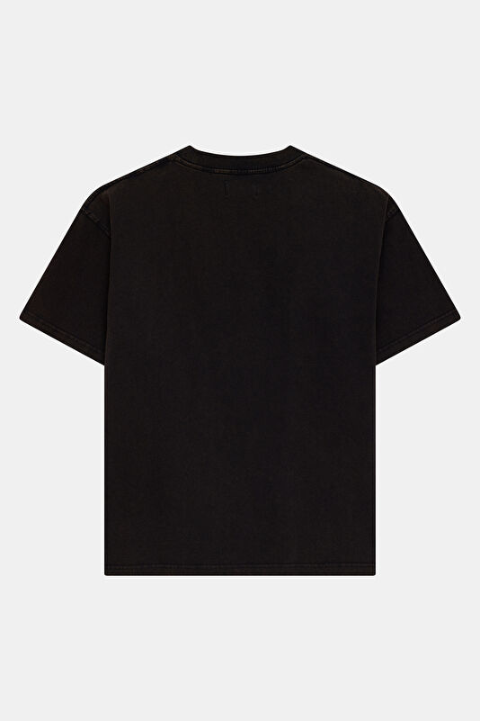 Relax Kalıp Siyah Bisiklet Yaka Baskılı Erkek T-Shirt 2
