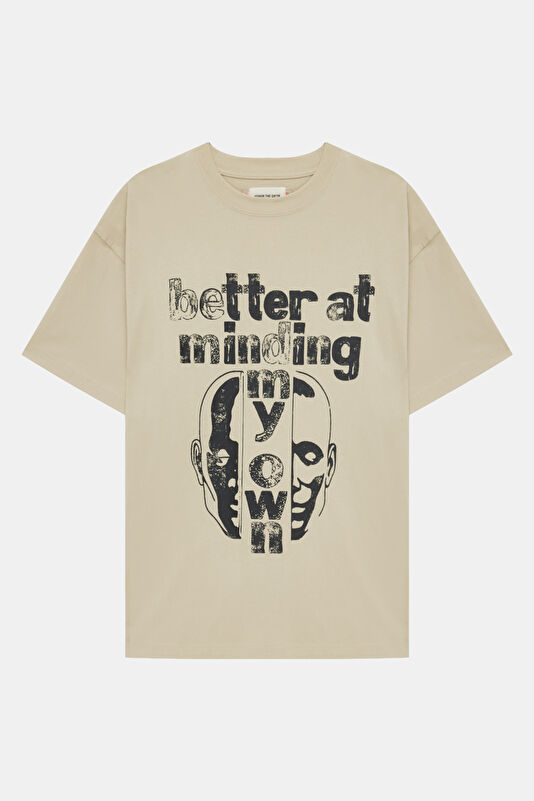 Relax Fit Beige Hooded Printed Men's T-Shirt
