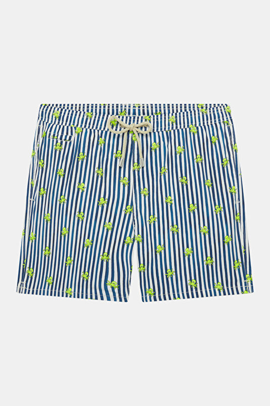 Lighting Micro Stretch Striped Octopus Pattern Men's Navy Swimsuit