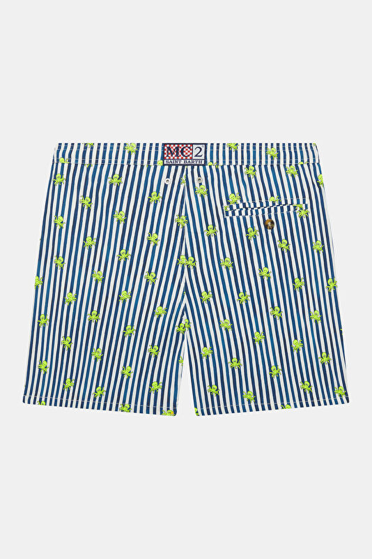 Lighting Micro Stretch Striped Octopus Pattern Men's Navy Swimsuit 2