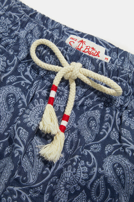 Calais Shawl Pattern Men's Navy Linen Trousers 3