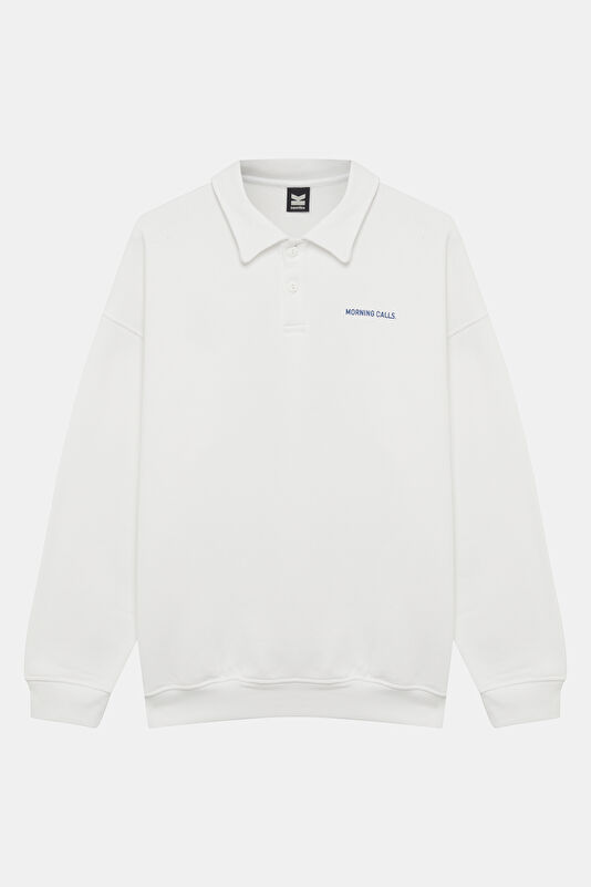 Beyaz Relax Kalıp Bisiklet Yaka Erkek Sweatshirt