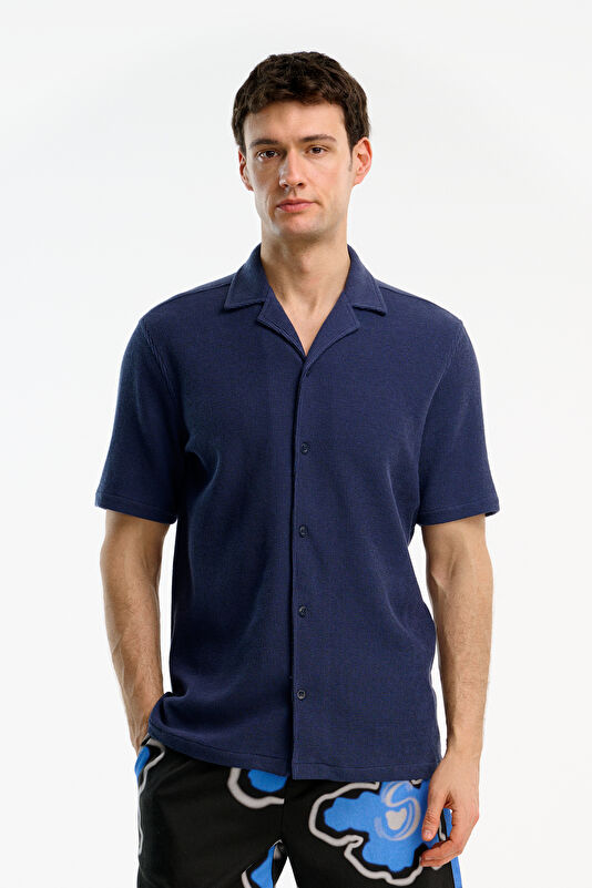 Relax Fit Navy Resort Collar Men's Shirt