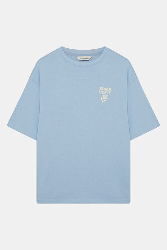 Relax Kalıp Açık Mavi Bisiklet Yaka Baskılı Erkek T-Shirt